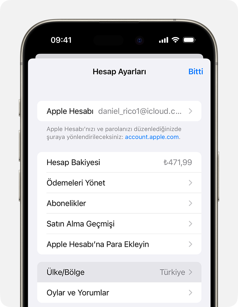 Hesap Ayarları'nda Ülke/Bölge'yi gösteren iPhone