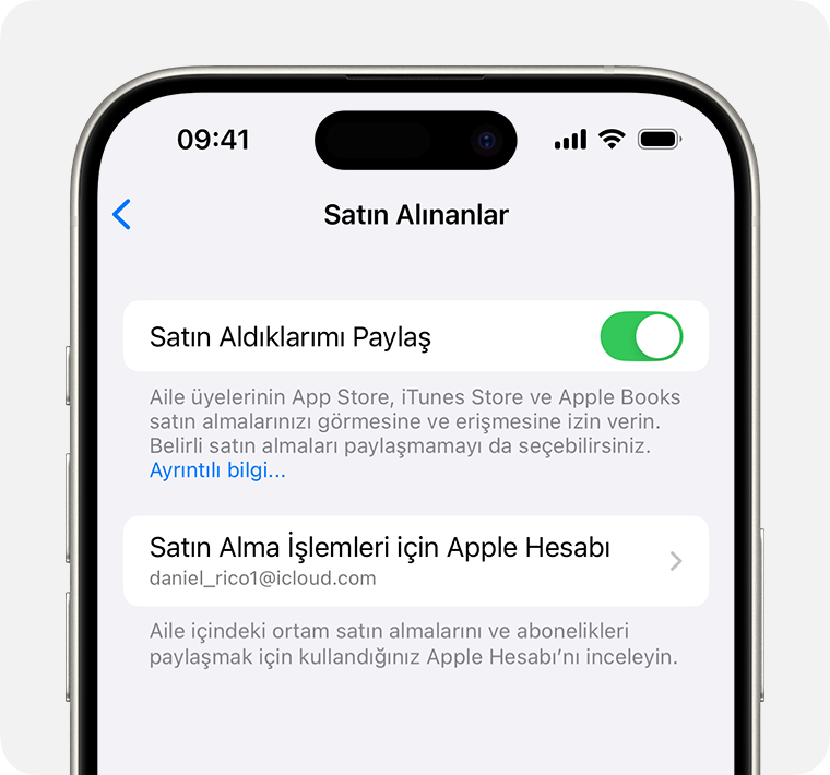 Satın Aldıklarımı Paylaş özelliğinin nasıl açılacağını gösteren iPhone ekranı.