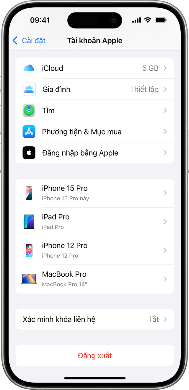 Nút Đăng xuất nằm ở cuối phần cài đặt Tài khoản Apple trong iOS.