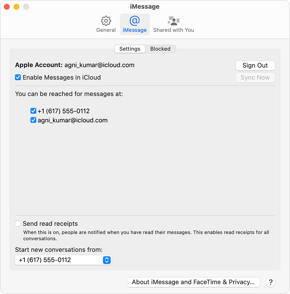 iMessage settings screen on a Mac with options to select which phone number or email address you’d like to use to receive iMessages and start new conversations.