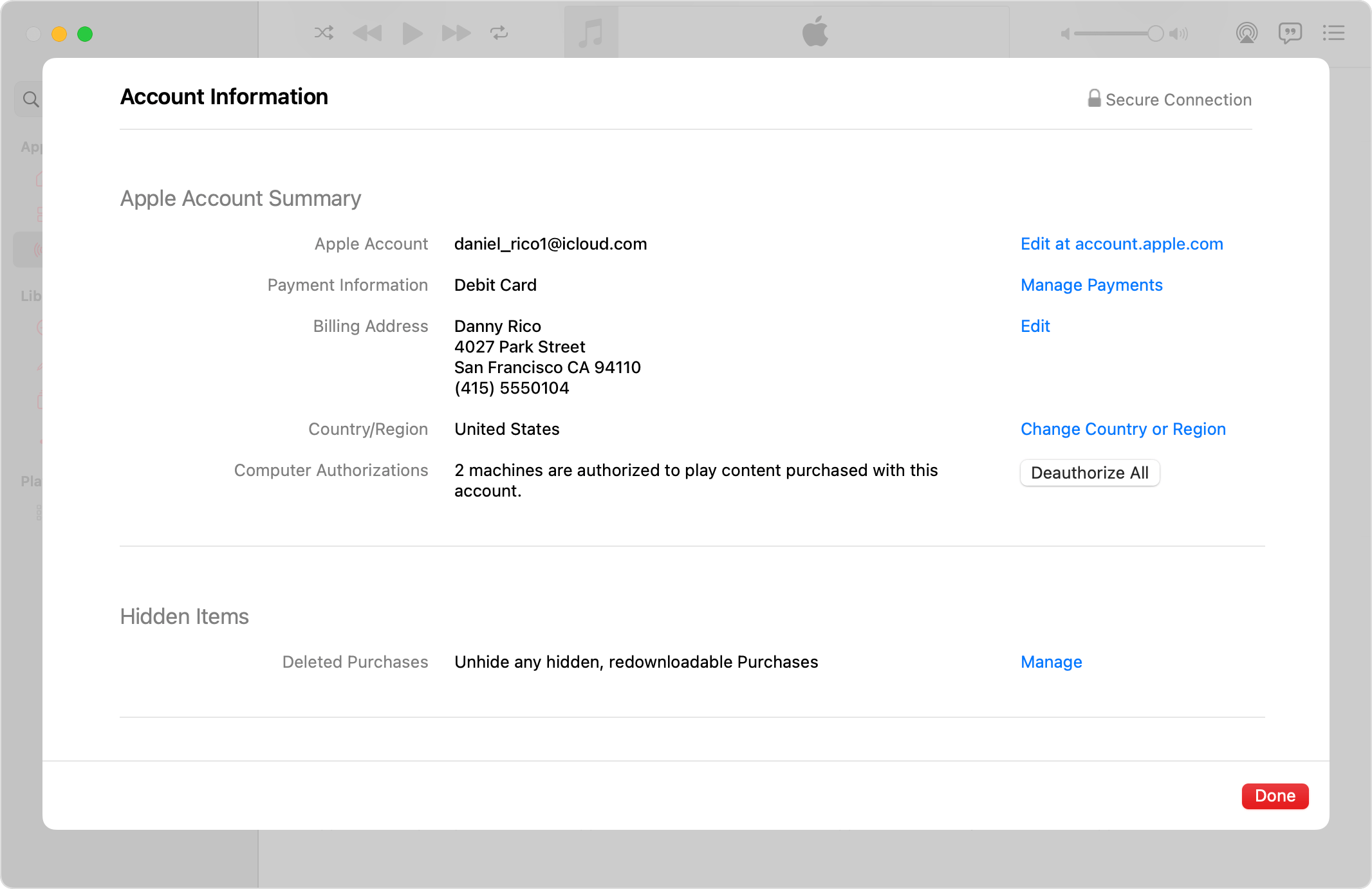 Apple Music app on Mac showing the Account Information page and the number of authorized computers