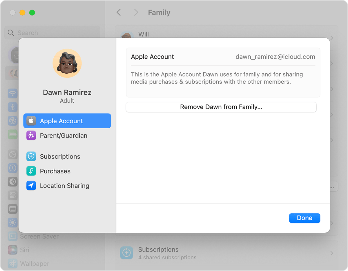 Mac screen showing the step to remove someone from your Family Sharing group.