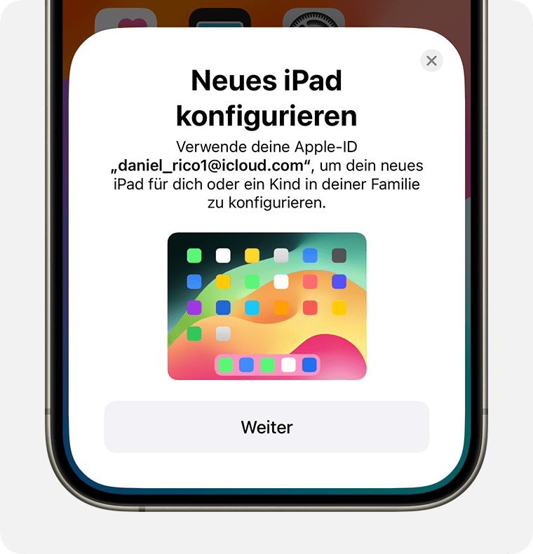 „Neues iPad konfigurieren“ wird unten im iPhone-Bildschirm angezeigt.