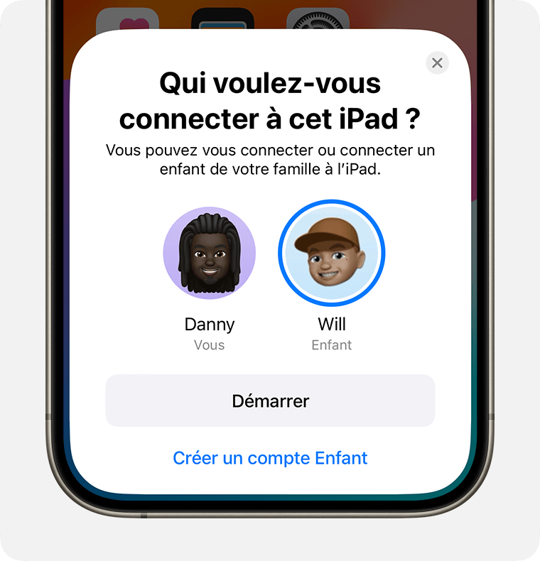 Sur l’écran « Qui voulez-vous connecter à cet [appareil] ? », vous pouvez vous connecter vous-même ou connecter un enfant de votre famille sur l’appareil.