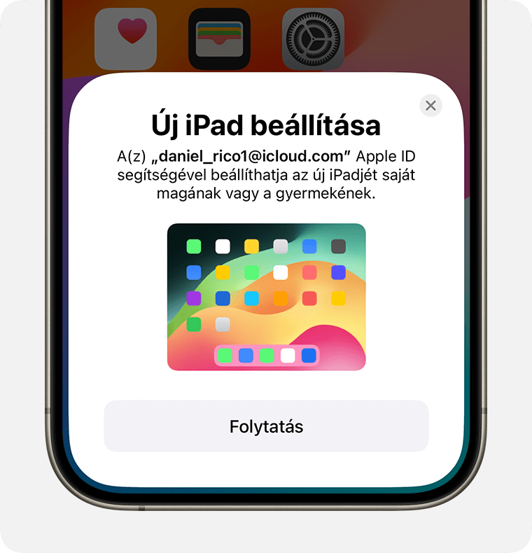 Az Új iPad beállítása kártya jelenik meg az iPhone képernyőjének alján.