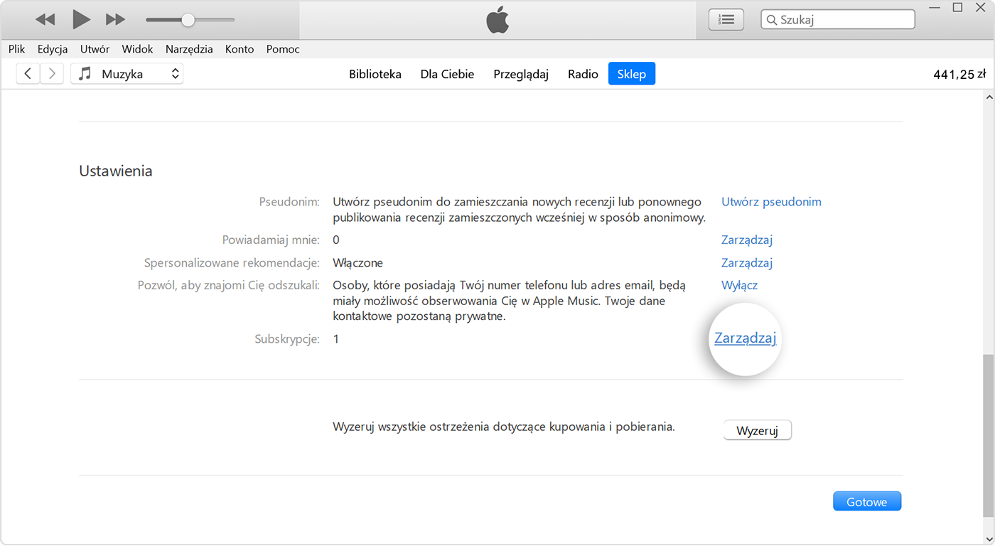 Przycisk Zarządzaj obok pozycji Subskrypcje w iTunes.