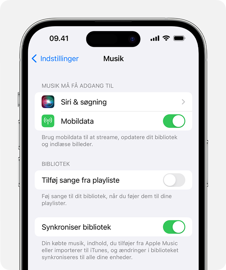 iPhone, der viser Synkroniser bibliotek slået til i Musikindstillinger.