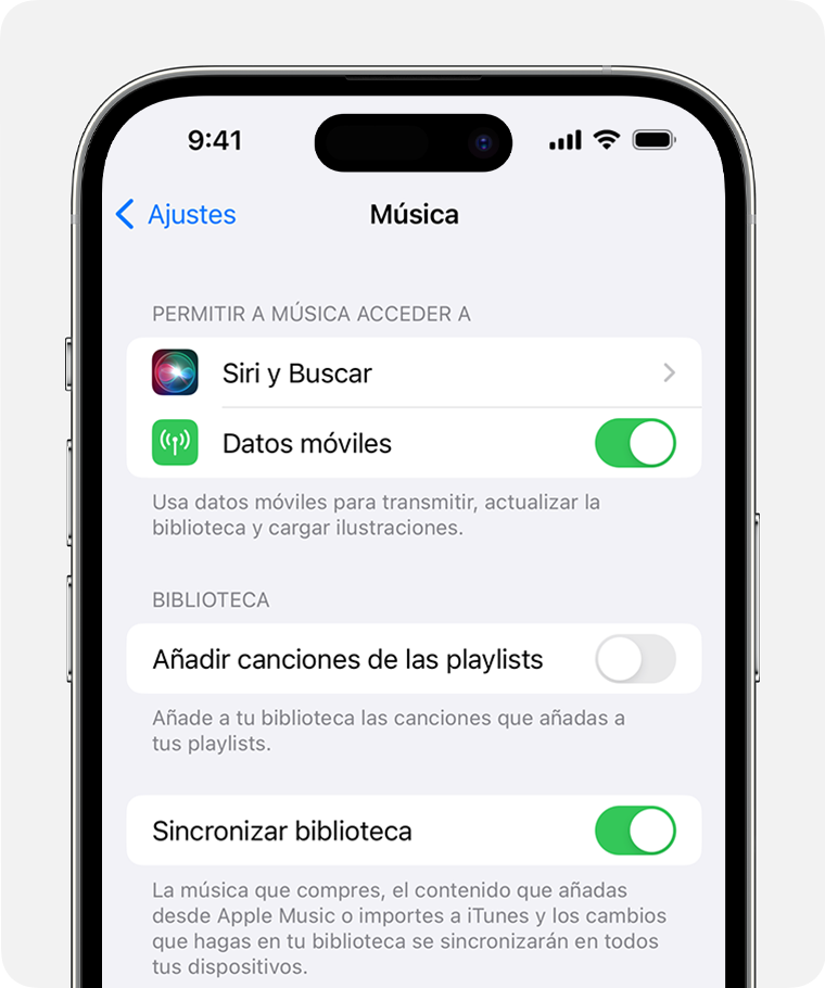 iPhone que muestra la opción Sincronizar biblioteca activada en los ajustes de música.