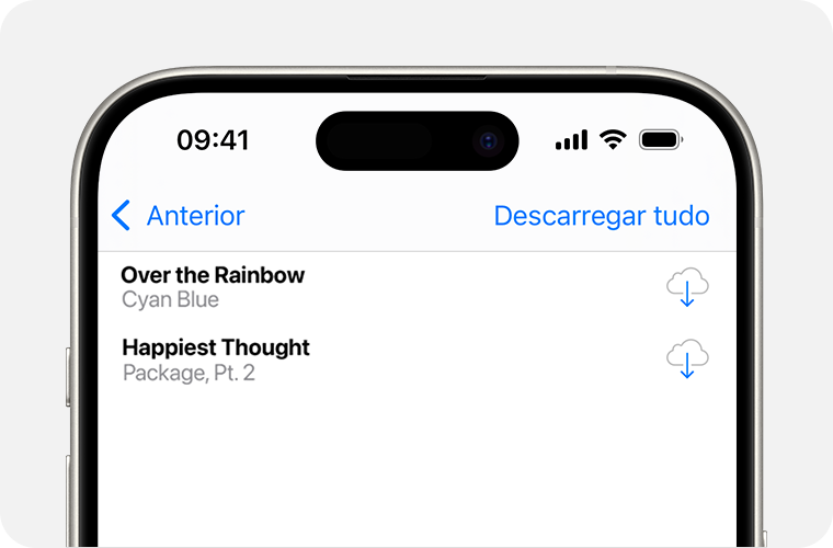 Um iPhone a mostrar uma lista de músicas que pode voltar a descarregar. O botão Descarregar está à direita, tendo o aspeto de uma nuvem com uma seta a apontar para baixo no meio.