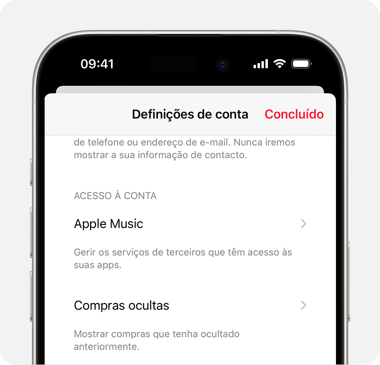 Um iPhone a mostrar o ecrã Definições da conta na app Apple Music. A opção Compras ocultas está no meio do ecrã.