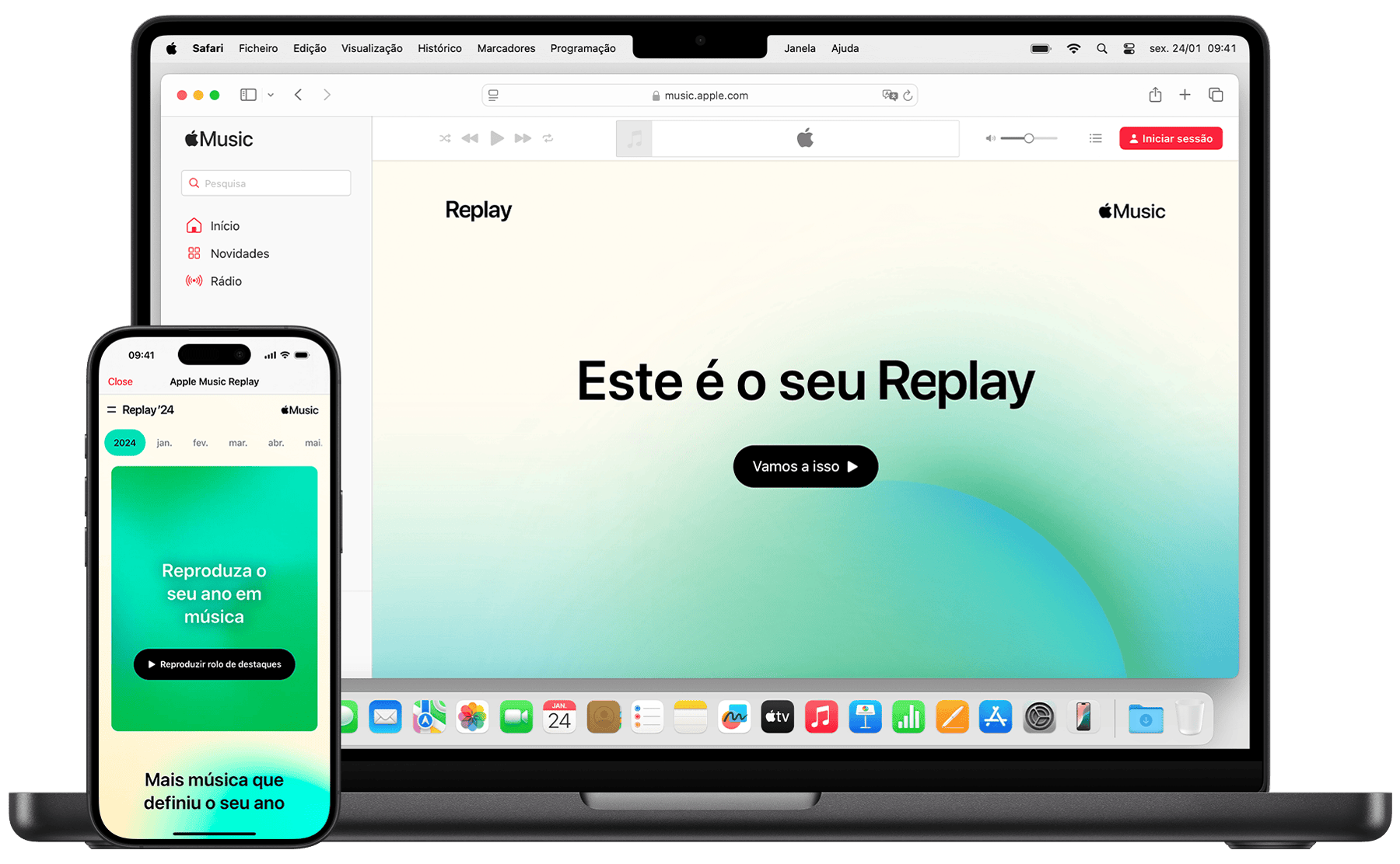 Um iPhone e um MacBook a mostrarem o ecrã de início do Replay da Apple Music.