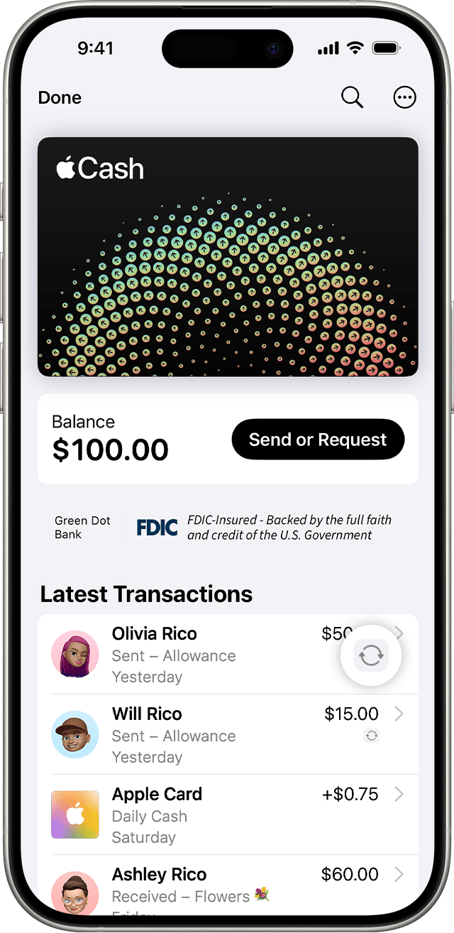 Recurring payment symbol on an Apple Cash transaction in the Wallet app.