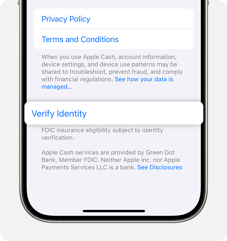 Verify Identity button in Wallet & Apple Pay settings on iPhone. The button is at the end of the screen.