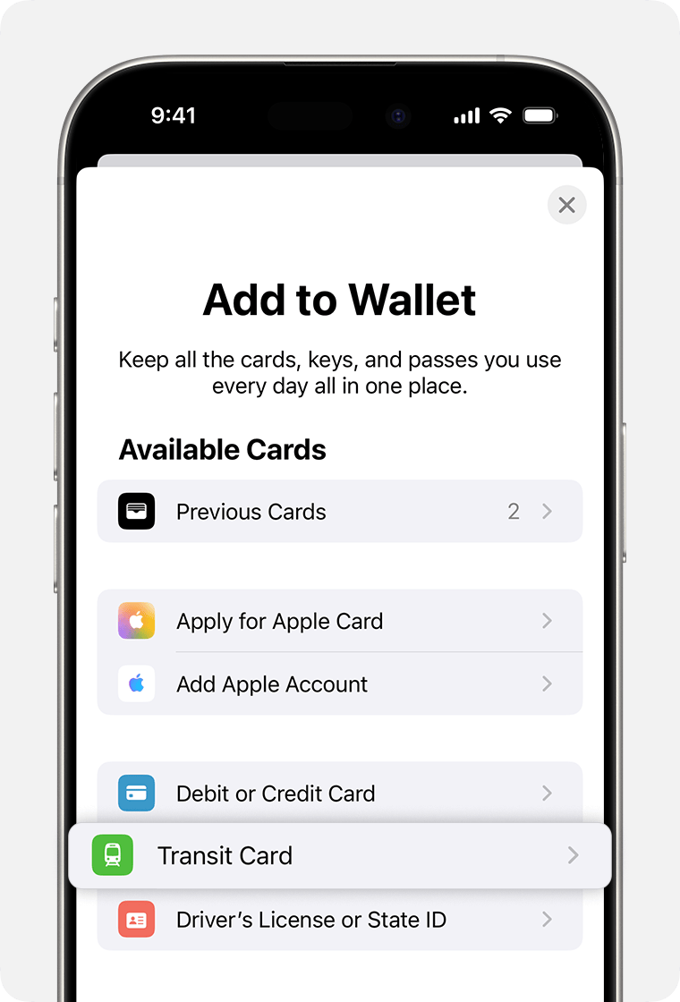 Add to Wallet screen with Transit Card option magnified