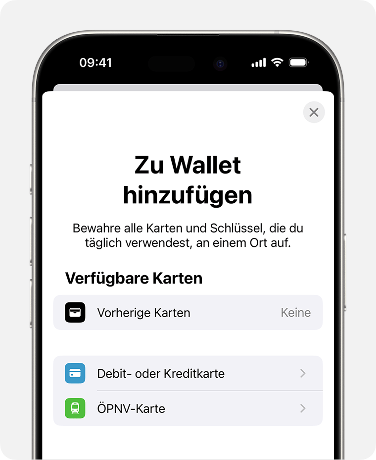 Bildschirm „Zu Wallet hinzufügen“ mit vergrößerter Option „ÖPNV-Karte“