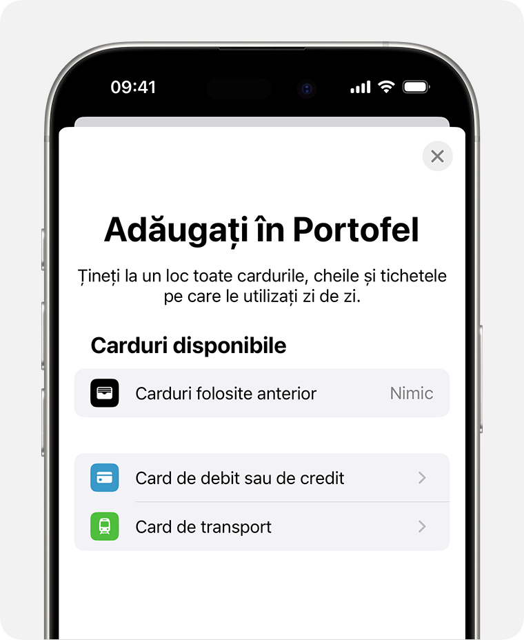 Ecranul Adăugați în Portofel cu opțiunea Card de transport mărită