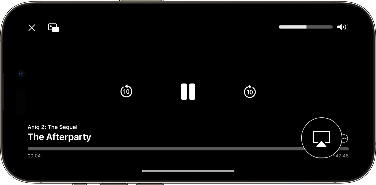Bouton AirPlay mis en évidence dans l’angle inférieur droit de l’écran de l’iPhone pendant la lecture d’une vidéo