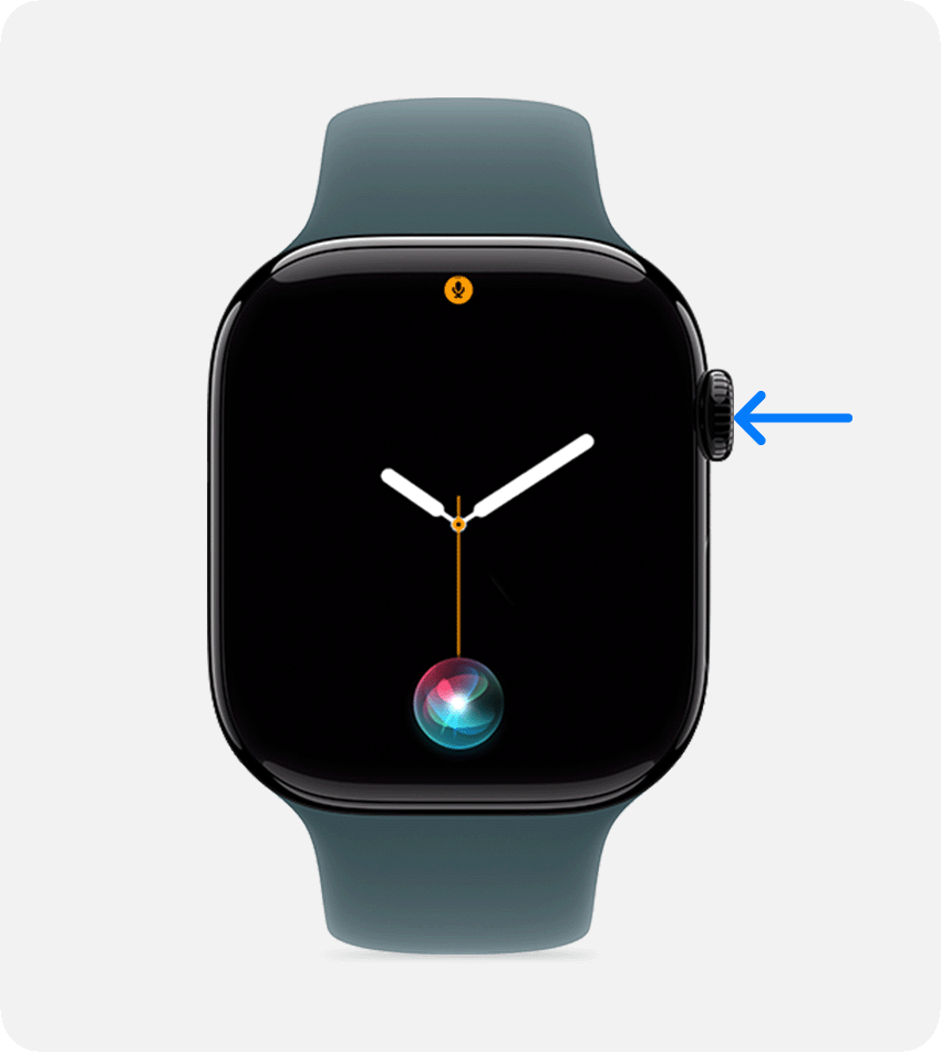 Apple Watch with arrow pointing to digital crown