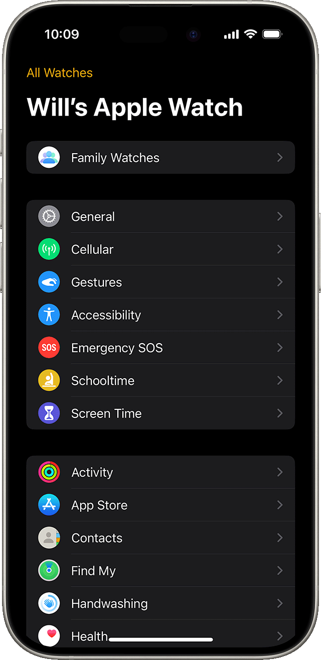 iPhone showing the Settings screen for a managed Apple Watch