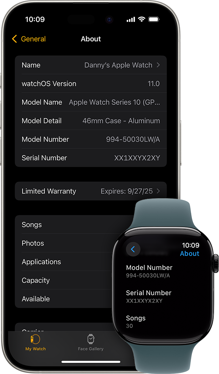 iPhone and Apple Watch showing the About screen and Serial Number