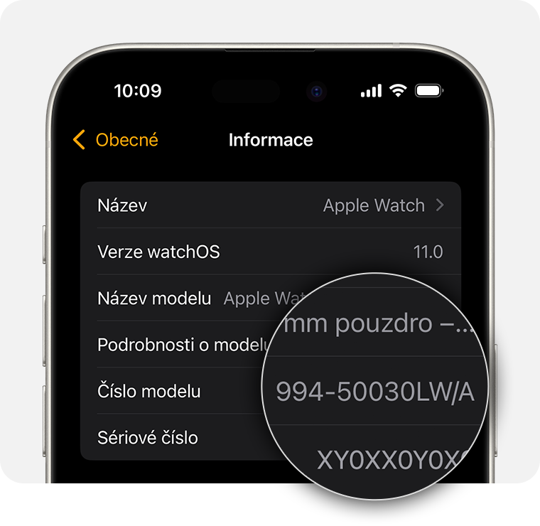 Obrazovka iPhonu zobrazující obecná nastavení pro Apple Watch