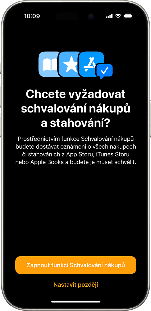 iPhone s obrazovkou, na které uživatel zapíná funkci Schvalování nákupů