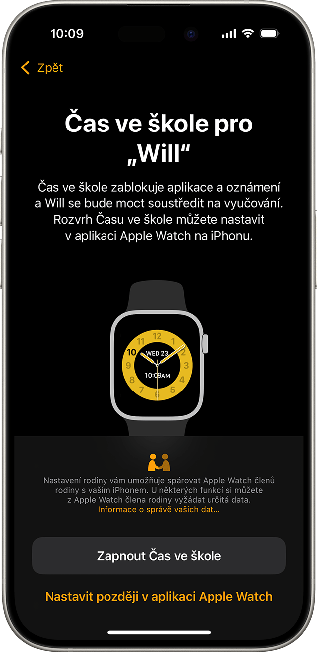 iPhone s obrazovkou nastavení funkce Čas ve škole na Apple Watch