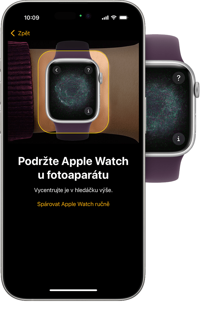 Apple Watch a iPhone s animací párování na obou zařízeních