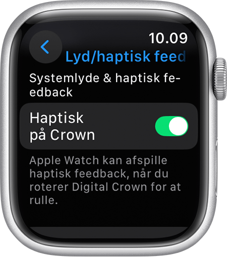 Apple Watch-skærm, der viser indstillingen Haptisk på Crown