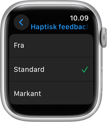 Apple Watch-skærm, der viser indstillinger for Haptisk feedback