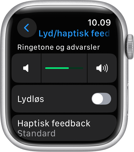 Apple Watch-skærm, der viser indstillinger for Lyde og Haptisk feedback