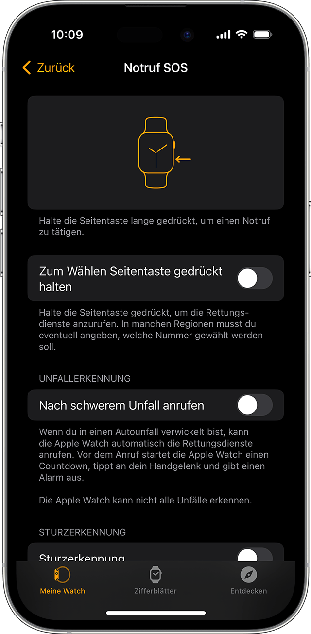 iPhone-Display mit den SOS-Notfalleinstellungen für Apple Watch