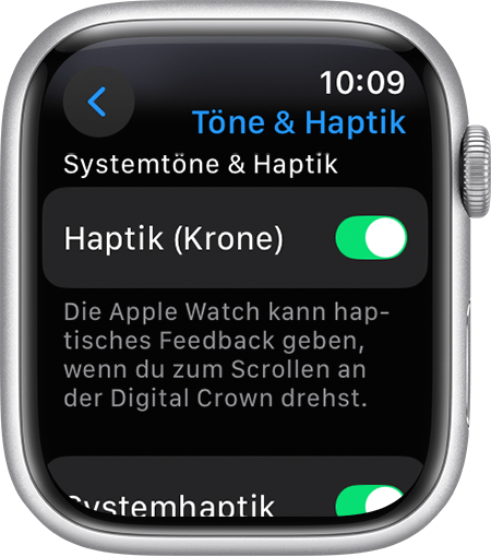 Apple Watch-Display mit den Einstellungen für „Haptik (Krone)“