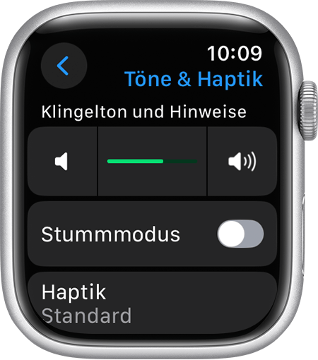 Apple Watch-Display mit den Einstellungen für „Töne und Haptik“