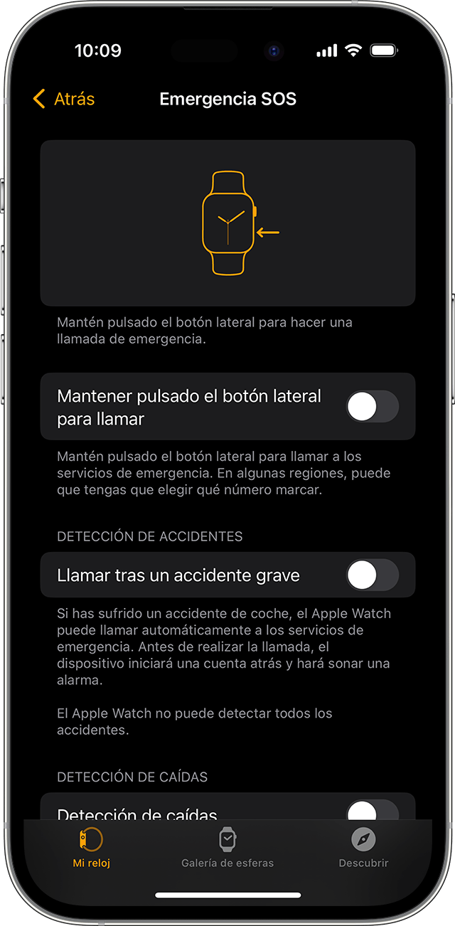 Pantalla del iPhone en la que pueden verse los ajustes de Emergencia SOS para el Apple Watch