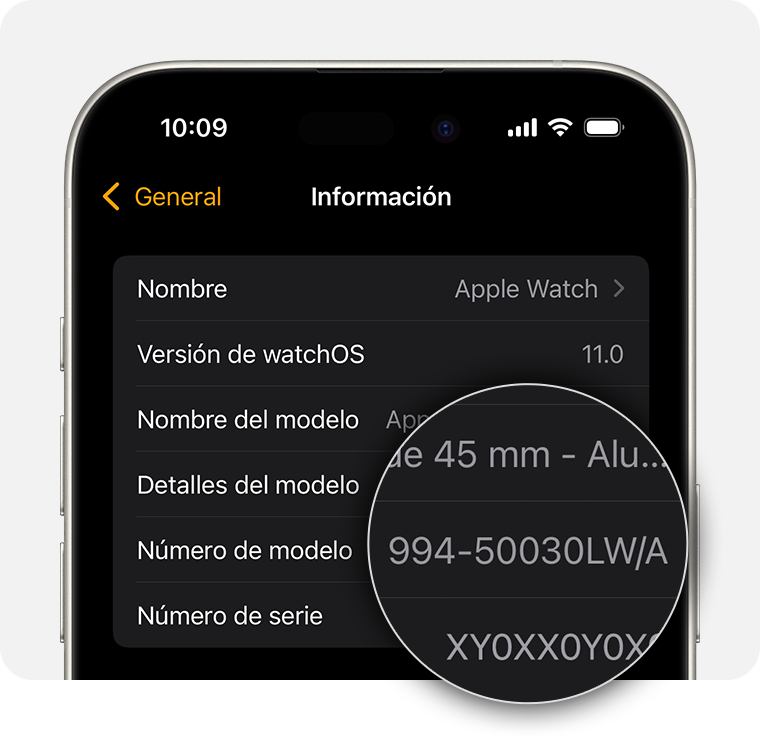 Pantalla del iPhone que muestra la configuración general del Apple Watch