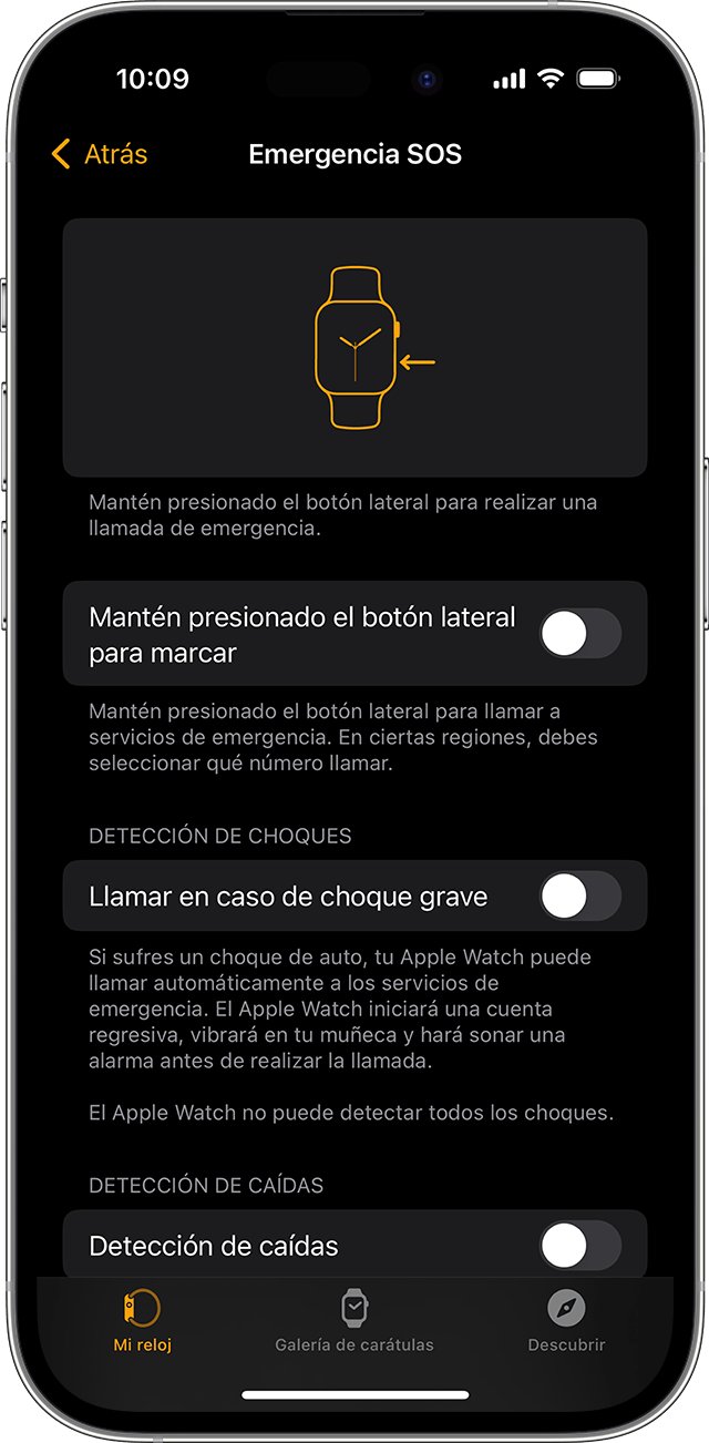 Pantalla del iPhone en la que se muestra la configuración de Emergencia SOS para el Apple Watch