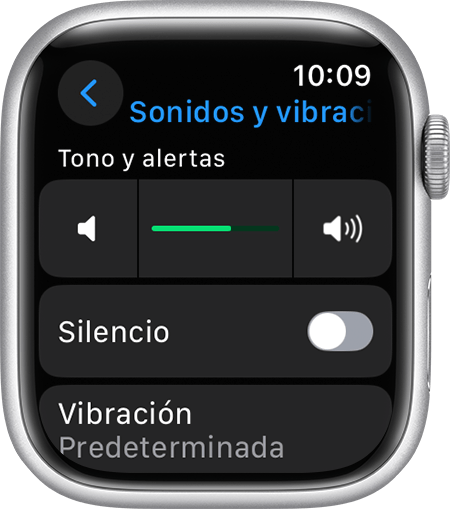 Pantalla del Apple Watch en la que se muestra la configuración de Sonidos y vibración