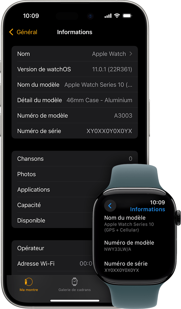 iPhone et Apple Watch affichant l’écran À propos de et le numéro de série