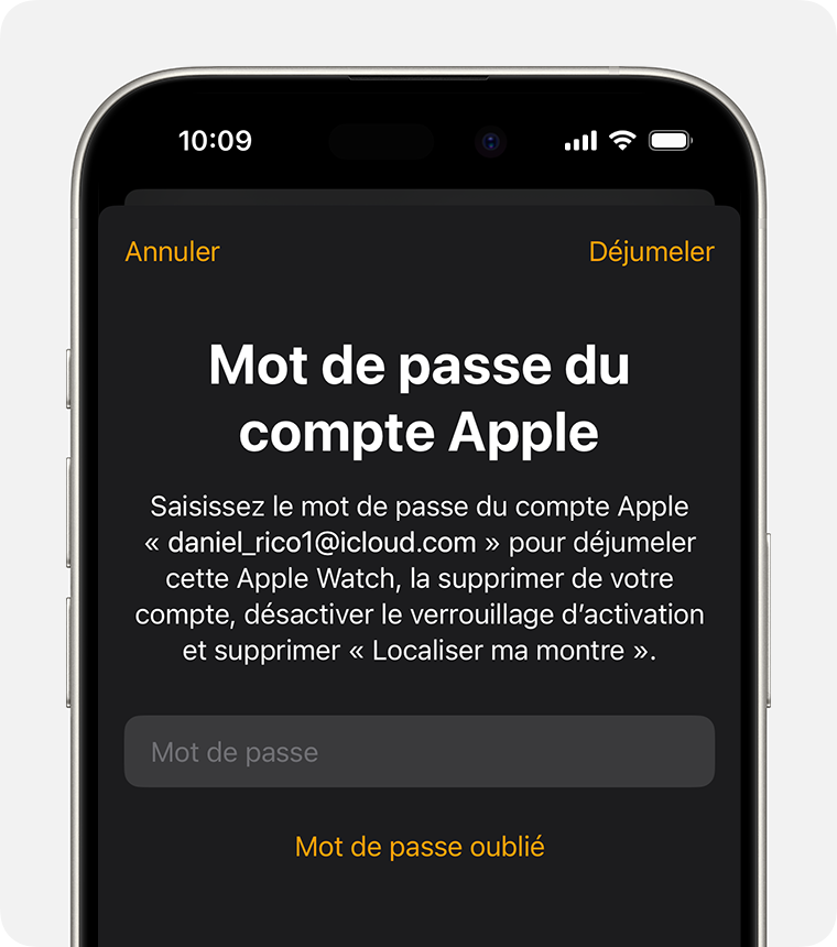 Invitation à saisir le mot de passe de votre compte Apple pour désactiver le verrouillage d’activation.