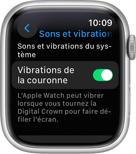 Écran d’Apple Watch affichant les réglages Vibrations de la couronne