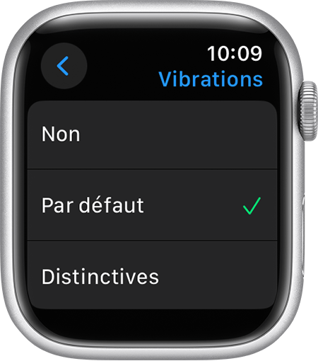 Écran d’Apple Watch affichant les réglages Vibrations