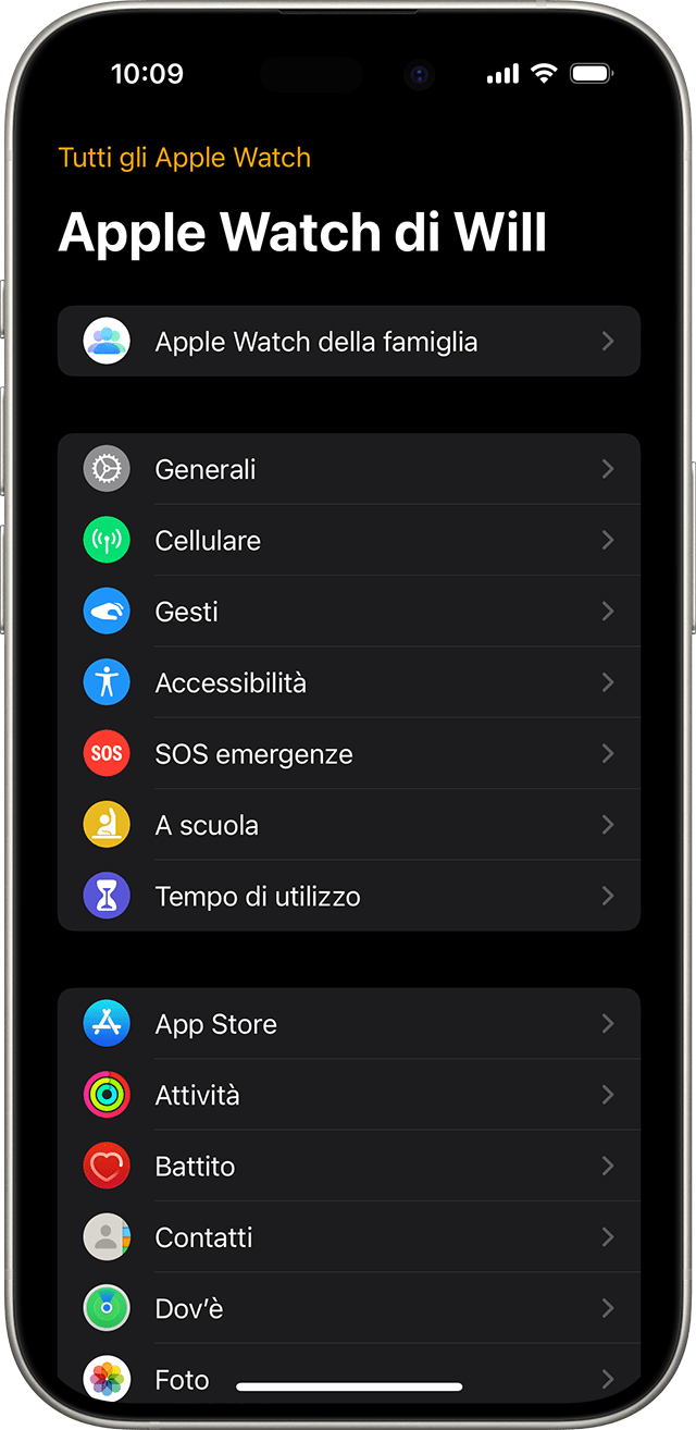 iPhone che mostra la schermata Impostazioni per un Apple Watch gestito