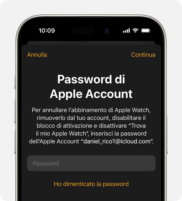 Richiesta di inserire la password dell'Apple Account per disabilitare il blocco di attivazione.