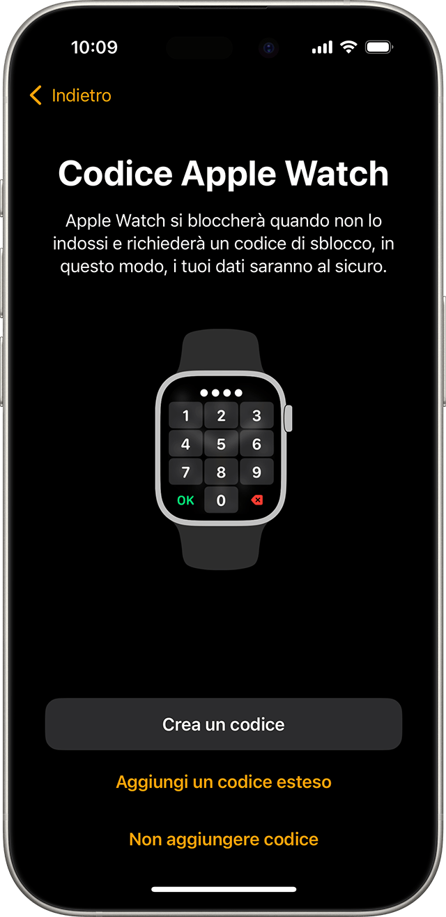 iPhone che mostra la schermata di configurazione del codice di Apple Watch