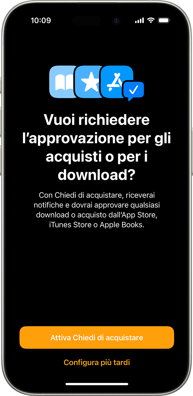 iPhone che mostra la schermata in cui un utente attiva la funzione Chiedi di acquistare