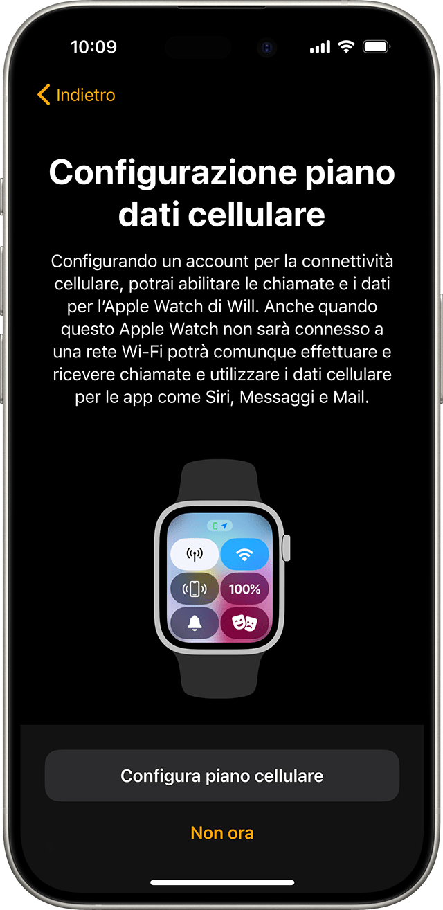 iPhone che mostra la schermata di configurazione cellulare di Apple Watch