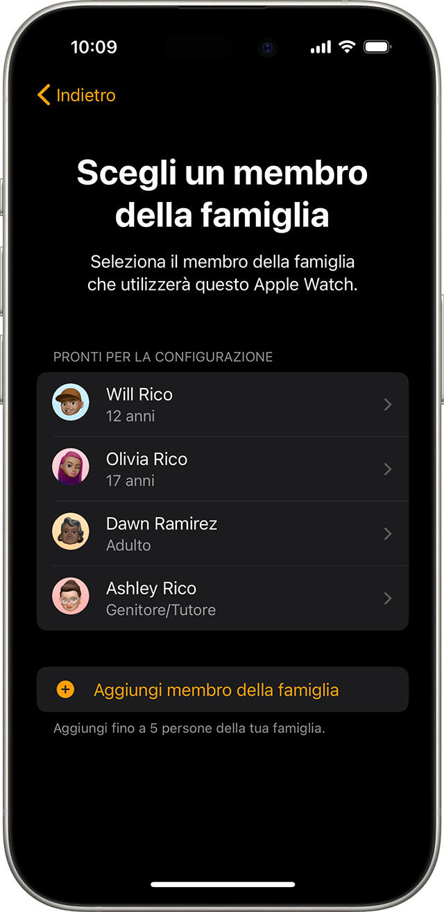 iPhone che mostra lo schermo su cui un utente sceglie un membro della famiglia che utilizzerà l'orologio