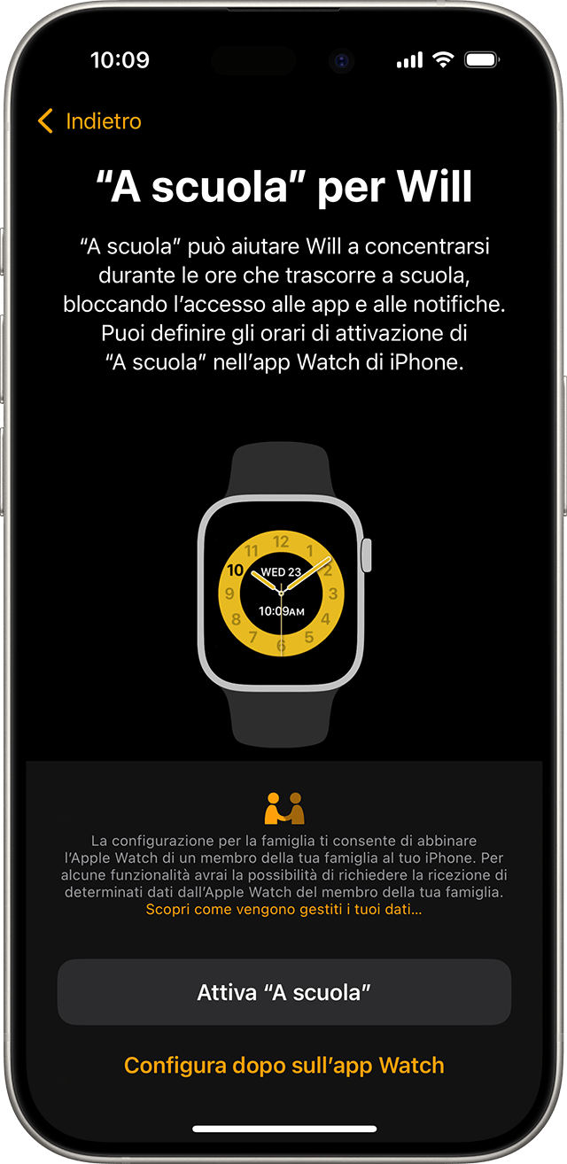 iPhone che mostra la schermata di configurazione di “A scuola” di Apple Watch