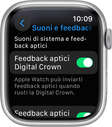 Schermo dell'Apple Watch che mostra l'impostazione Feedback aptici Digital Crown